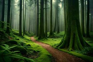 a path through a green forest with trees and moss. AI-Generated photo