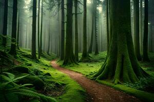 un camino mediante un verde bosque con arboles y musgo. generado por ai foto