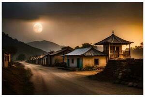 a village street at sunset with a full moon in the sky. AI-Generated photo