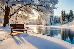 a bench sits in the snow near a river. AI-Generated photo