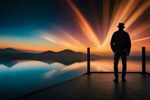 a man standing on a dock looking at the sunset. AI-Generated photo