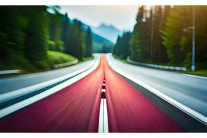 un borroso imagen de un la carretera con un rojo línea. generado por ai foto