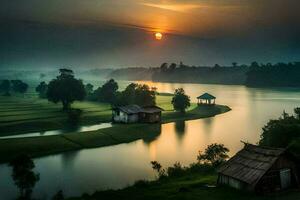 a beautiful sunrise over a river and small houses. AI-Generated photo