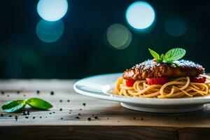 chicken with spaghetti and cherry tomatoes on a plate. AI-Generated photo
