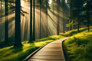 wooden path in the forest with sun rays. AI-Generated photo