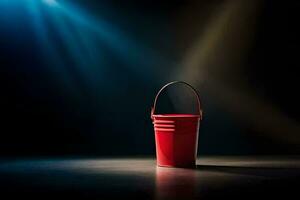 a red bucket on a dark floor with light coming from the side. AI-Generated photo