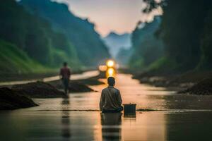 un hombre sentado en el borde de un río a puesta de sol. generado por ai foto