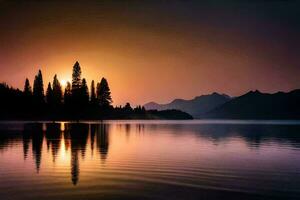 un lago con arboles y montañas a puesta de sol. generado por ai foto