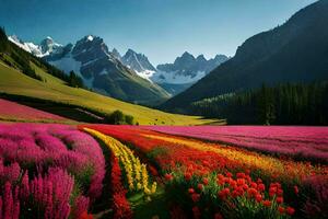 a field of flowers and mountains in the background. AI-Generated photo