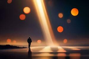 a man standing in front of a light beam. AI-Generated photo