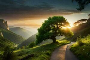 photo wallpaper the sky, trees, mountains, sunset, the road, the sun, the tree. AI-Generated