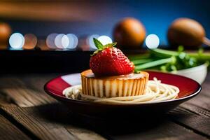 a strawberry and a cupcake on a plate. AI-Generated photo