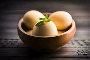 three eggs in a wooden bowl on a black table. AI-Generated photo