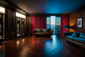 a living room with wooden floors and red curtains. AI-Generated photo