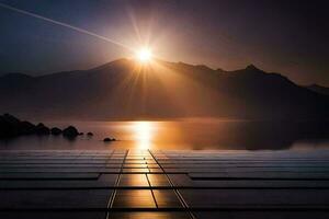 the sun rises over a lake and mountains. AI-Generated photo