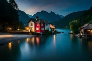 a red house sits on the shore of a lake at night. AI-Generated photo