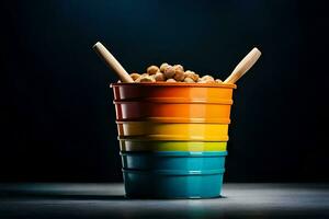 a stack of colorful buckets with wooden spoons. AI-Generated photo