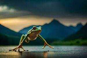 a frog jumping on the ground with mountains in the background. AI-Generated photo