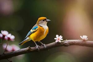 a small bird is sitting on a branch with flowers. AI-Generated photo