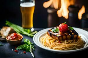 a plate of spaghetti with meat and sauce next to a fire. AI-Generated photo