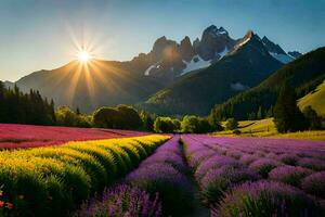 the sun shines over a lavender field and mountains. AI-Generated photo