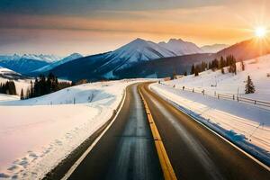 a road in the mountains with snow and sun. AI-Generated photo