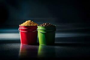 two buckets of food on a dark background. AI-Generated photo