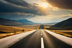 a long road with the sun shining through the clouds. AI-Generated photo