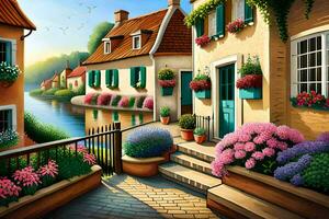 a painting of a street with flowers and plants. AI-Generated photo