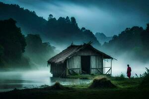 the man in red is standing in front of a hut in the middle of the river. AI-Generated photo