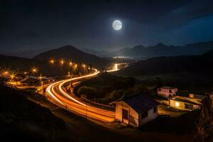 un lleno Luna brilla terminado un la carretera en el montañas. generado por ai foto