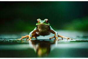 a frog sitting on the ground with its reflection. AI-Generated photo