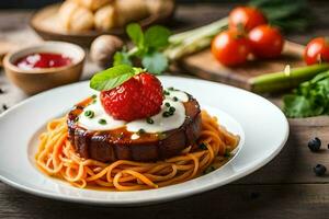spaghetti with meat and tomato sauce on a white plate. AI-Generated photo