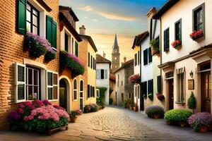 un antiguo calle con flores y edificios generado por ai foto