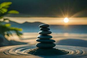 un apilar de piedras en un playa a puesta de sol. generado por ai foto