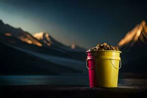 a bucket of food sitting on the ground near a lake. AI-Generated photo