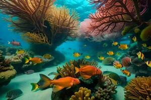 an underwater scene with coral and fish. AI-Generated photo