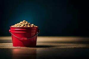 a red bucket filled with peanuts on a table. AI-Generated photo