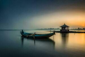 a boat sits on the water at sunset. AI-Generated photo