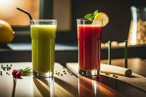 two glasses of juice with different colors. AI-Generated photo