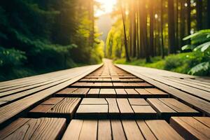 a wooden walkway in the woods. AI-Generated photo