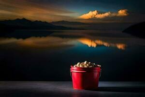 a bucket of peanuts on a table with mountains in the background. AI-Generated photo