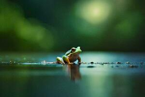 a frog sitting on the ground in the water. AI-Generated photo