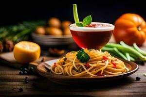 spaghetti with tomato sauce and vegetables on a wooden table. AI-Generated photo