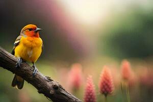 a small orange and yellow bird is sitting on a branch. AI-Generated photo