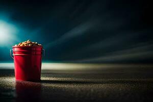 a red bucket filled with peanuts on a dark floor. AI-Generated photo