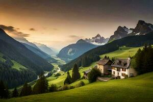 a house in the mountains with a mountain range in the background. AI-Generated photo