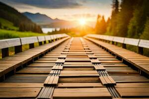 a wooden bridge with the sun setting behind it. AI-Generated photo