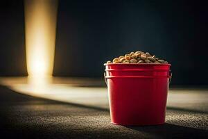 a red bucket filled with peanuts sitting on a concrete floor. AI-Generated photo