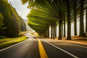 a long exposure photograph of a road with palm trees. AI-Generated photo